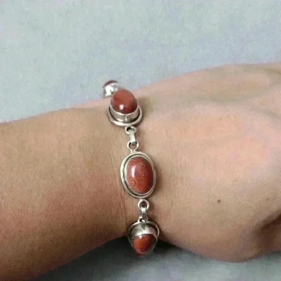 Natural Stone 925 Silver Bracelet with Gold Moonstone 8" - Picture 2 of 3